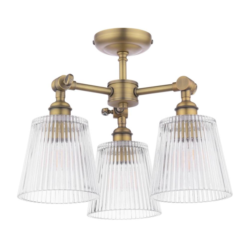 Laura Ashley Callaghan 3 Light Semi-Flush Matt Antique Brass & Ribbed Glass