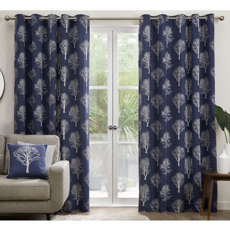 Fusion Woodland Trees Eyelet Headed Curtains Navy