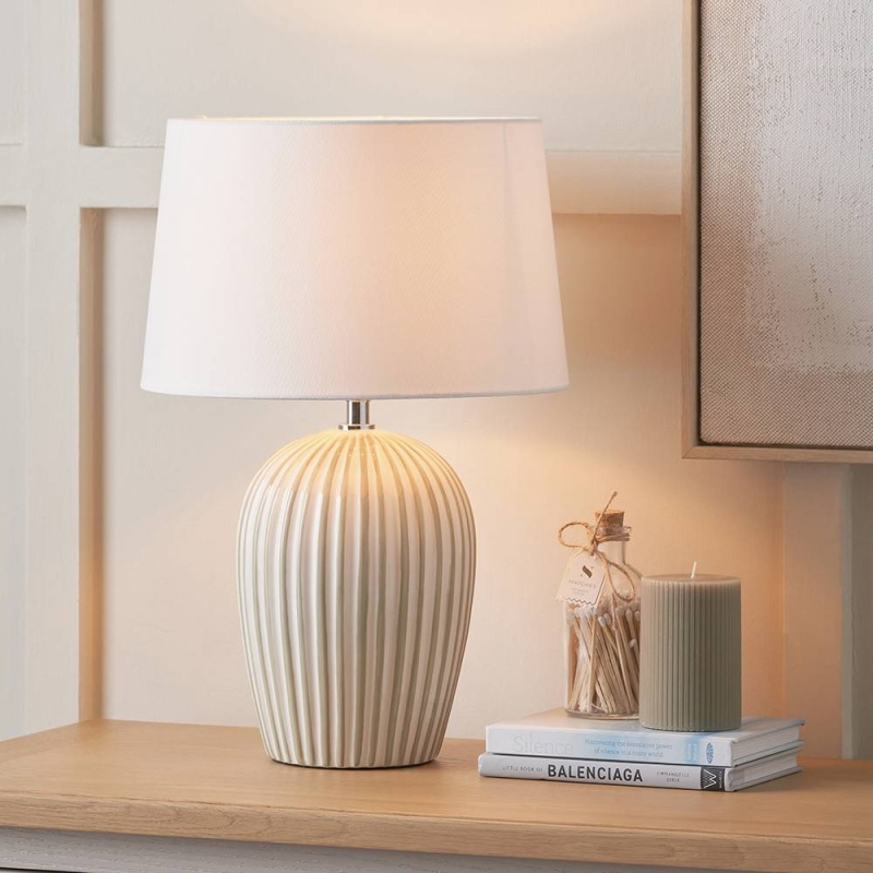 Cannes Sage & white Strip Ceramic Table Lamp