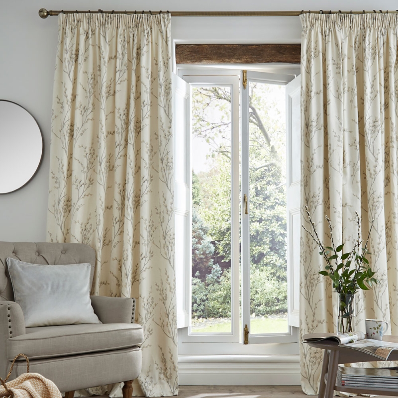 Laura Ashley Pussywillow Pencil Headed Curtains Off White Dove Grey