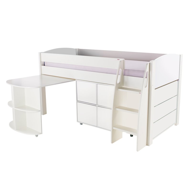 Stompa Duo Uno S Midsleeper Inc Pull Out Desk & Chest Of Drawers And Cube Unit White
