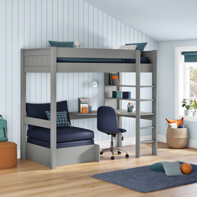 CGHI5-25 classic high sleeper grey desk shelving + blud chair bed