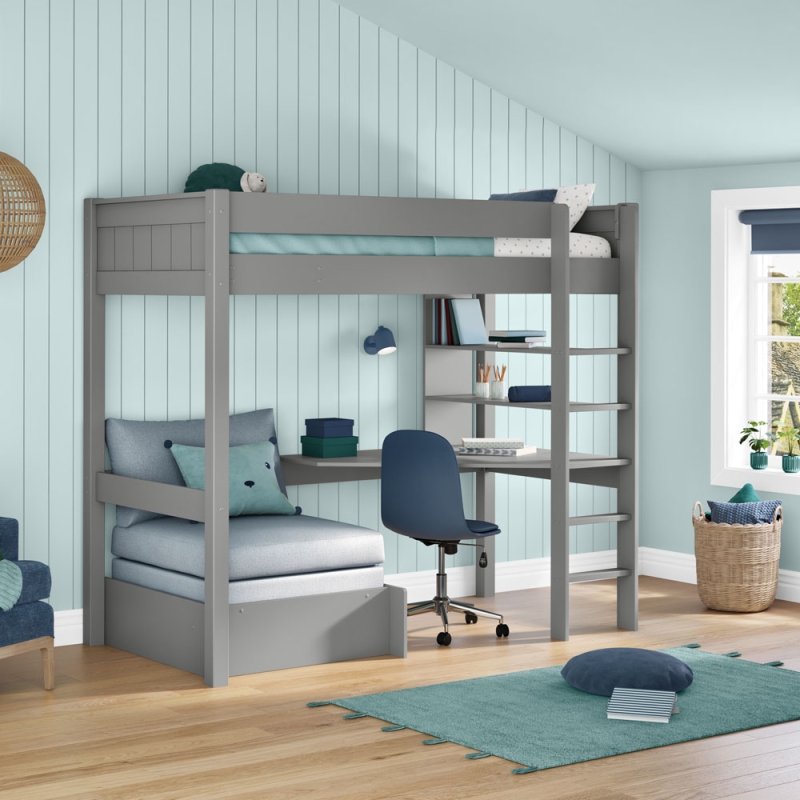CGHI5 classic high sleeper grey desk shelving + grey chair bed