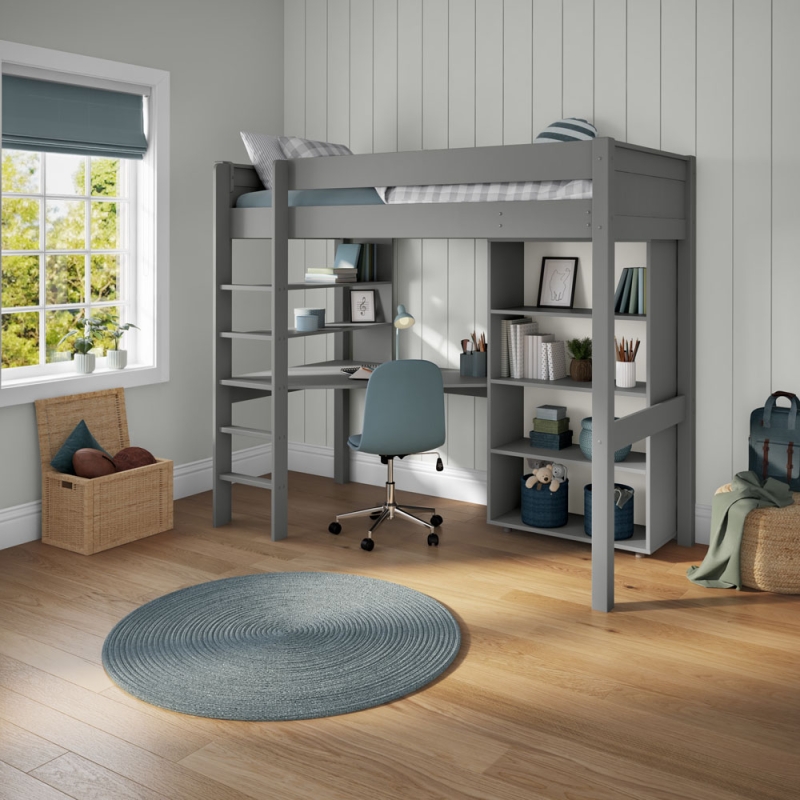 CGHITB classic high sleeper grey desk shelving + tallbookcase