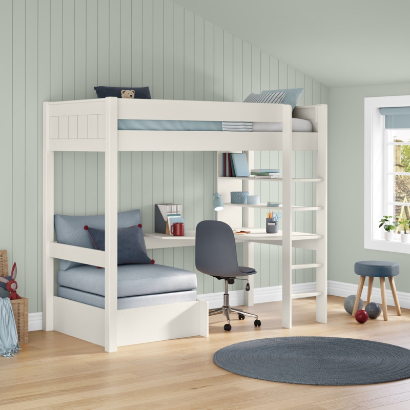 CWHI5 classic high sleeper white desk shelving + grey chair bed