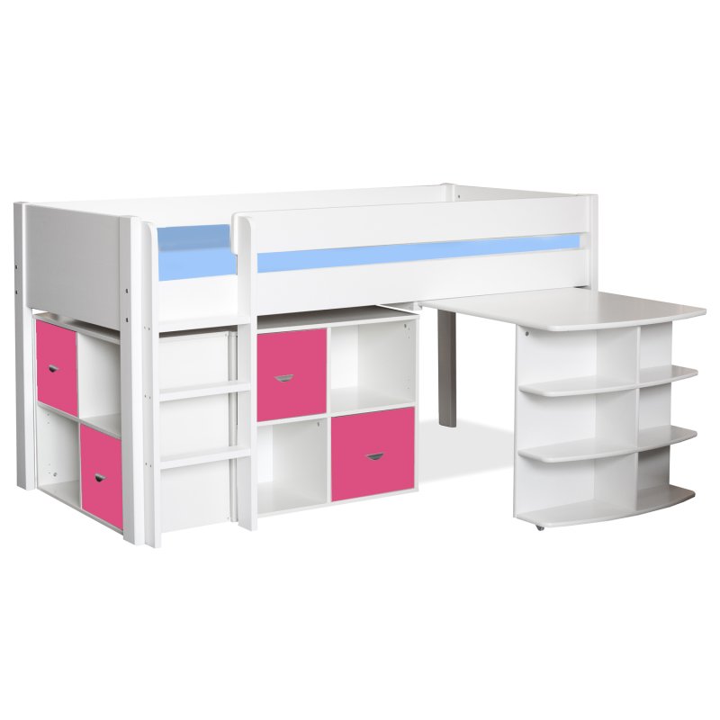 Stompa Midsleeper with Pull Out Desk & 2 Cubes Pink