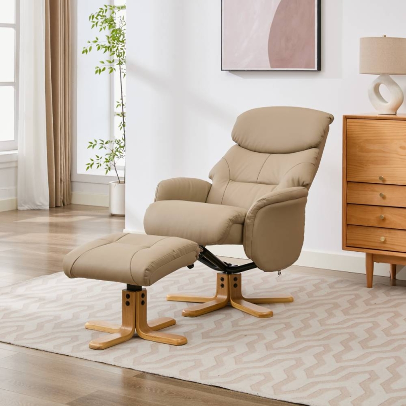 Eema Swivel Recliner Chair & Footstool - Pebble Leather