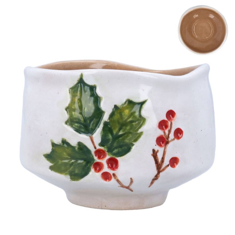 Gisela Graham Stoneware Holly & Red Berries Bowl