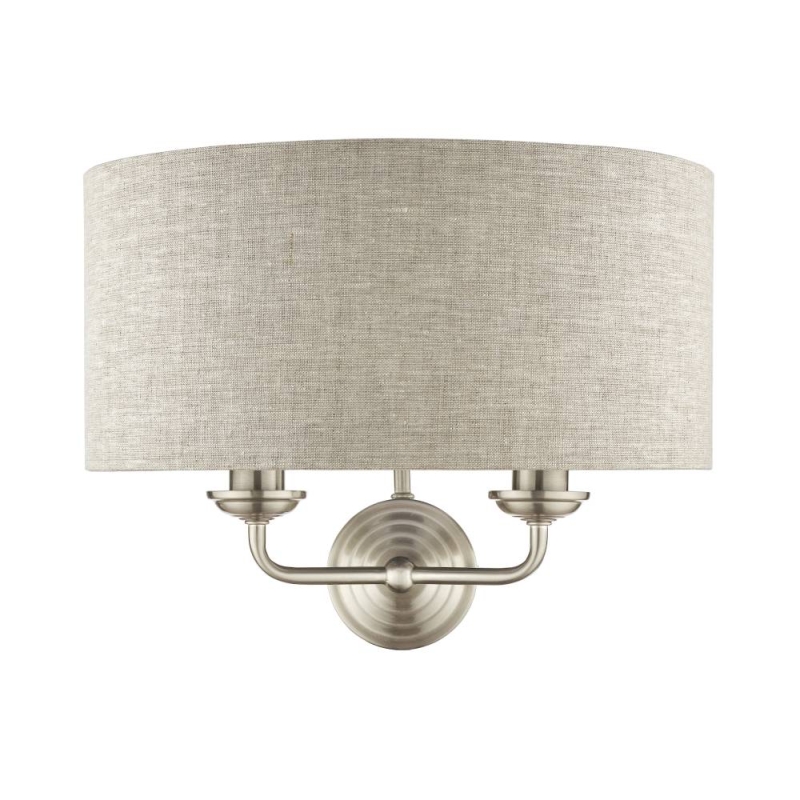 Laura Ashley Sorrento 2lt Wall Light Satin Nickel With Natural Shade