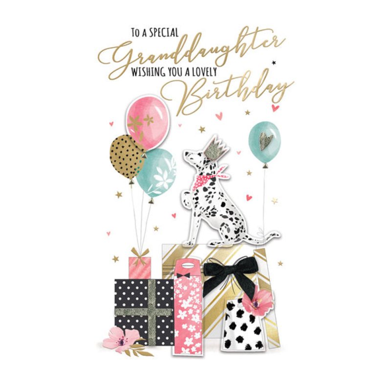 Granddaughter - Dog, Balloon And Gifts Birthday Card