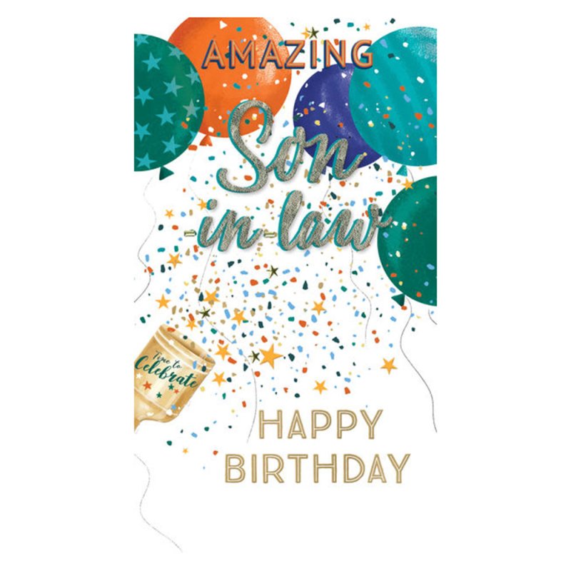 Son-In-Law - Typographic With Balloons Birthday Card