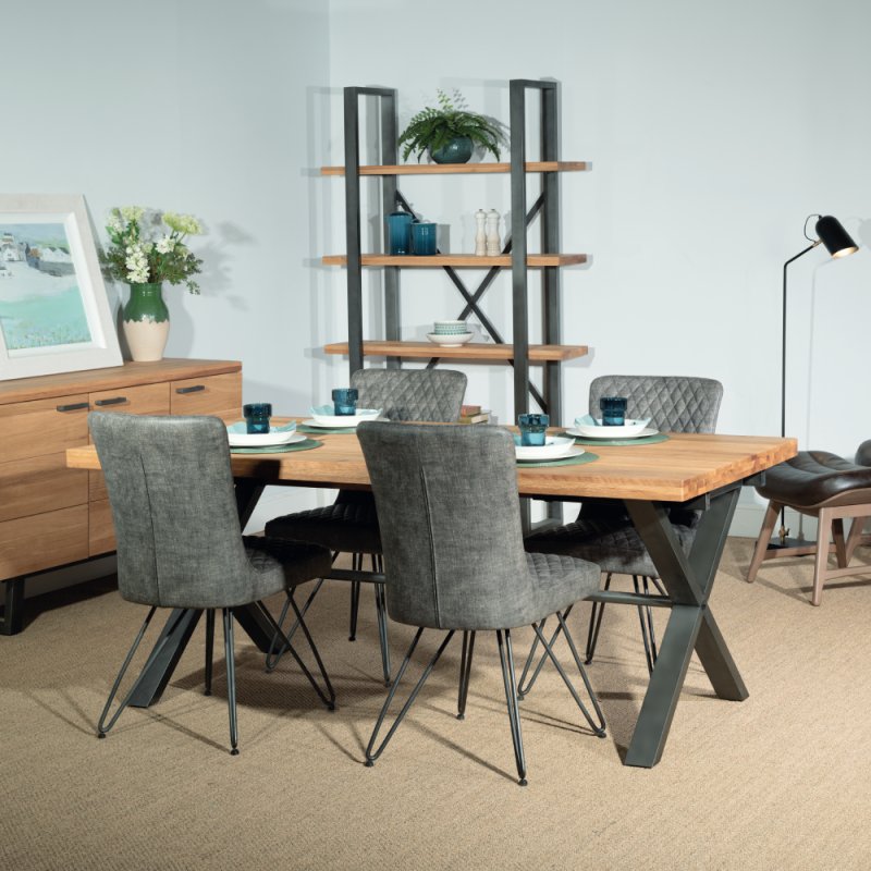 Fuji Dining Table 190cm Oak & 4 Quilted Grey Dining Chairs