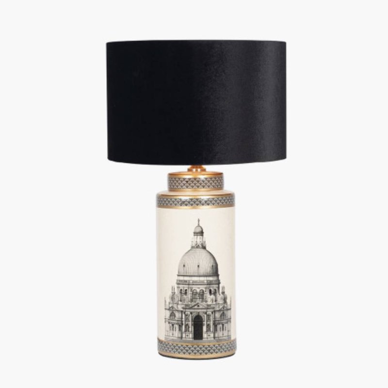 Black & Cream Building Print Ceramic Table  Lamp With Black Velvet Shade