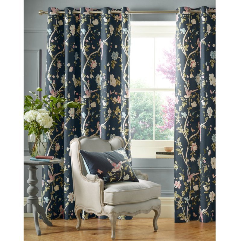 Laura Ashley Summer Palace Eyelet Headed Curtains Lined Midnight