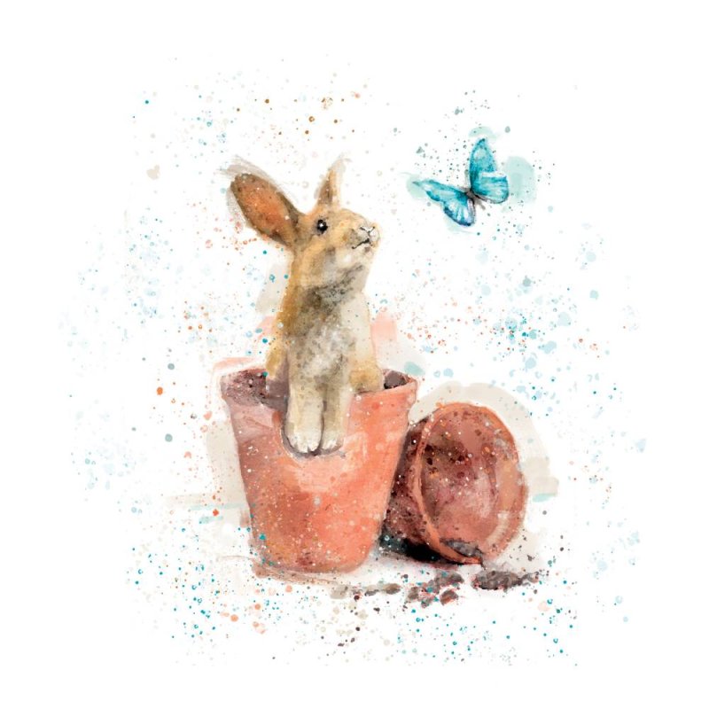 Rabbit In Plant Pot - Blank Greeting Card