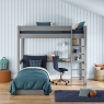 CGHI5-25 classic high sleeper grey desk shelving + blud chair bed FRONT OPEN