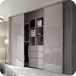 Sliding fitted wardrobes in grey gloss with open central shelving