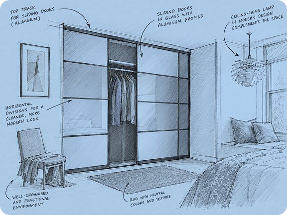 Annotated design sketch of a sliding-door fitted wardrobe in glass and aluminium